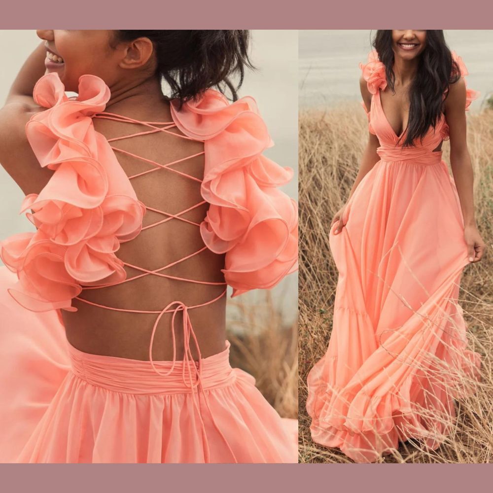 NWT Mac‎ Duggal [ 12 ] 67911 Ruffle Tiered Floral Cut out Chiffon Gown Coral